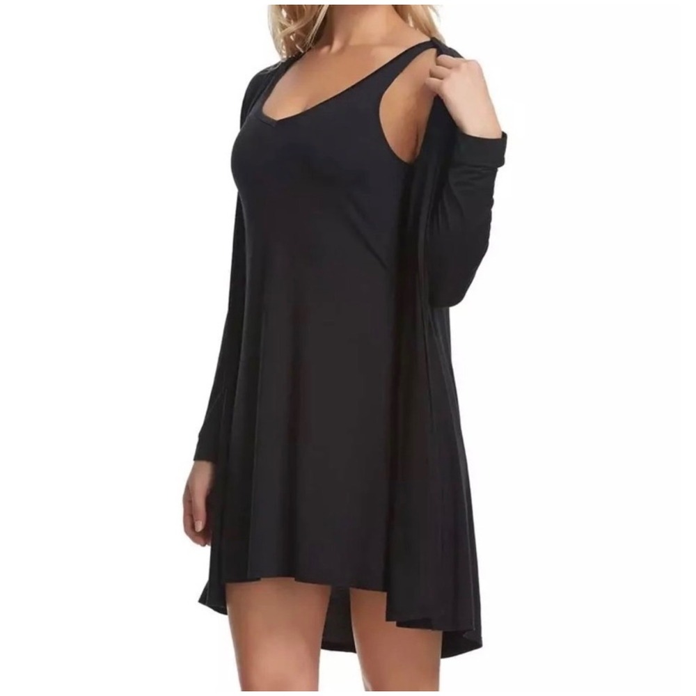 Felina Tank Chemise & Wrap Womens XL Black Modal 2 Piece Lounge NWT PJs Pajamas
